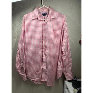 Lands' End Mens Long Sleeve Dress Shirt White Red Plaid Cotton Size 16-35
